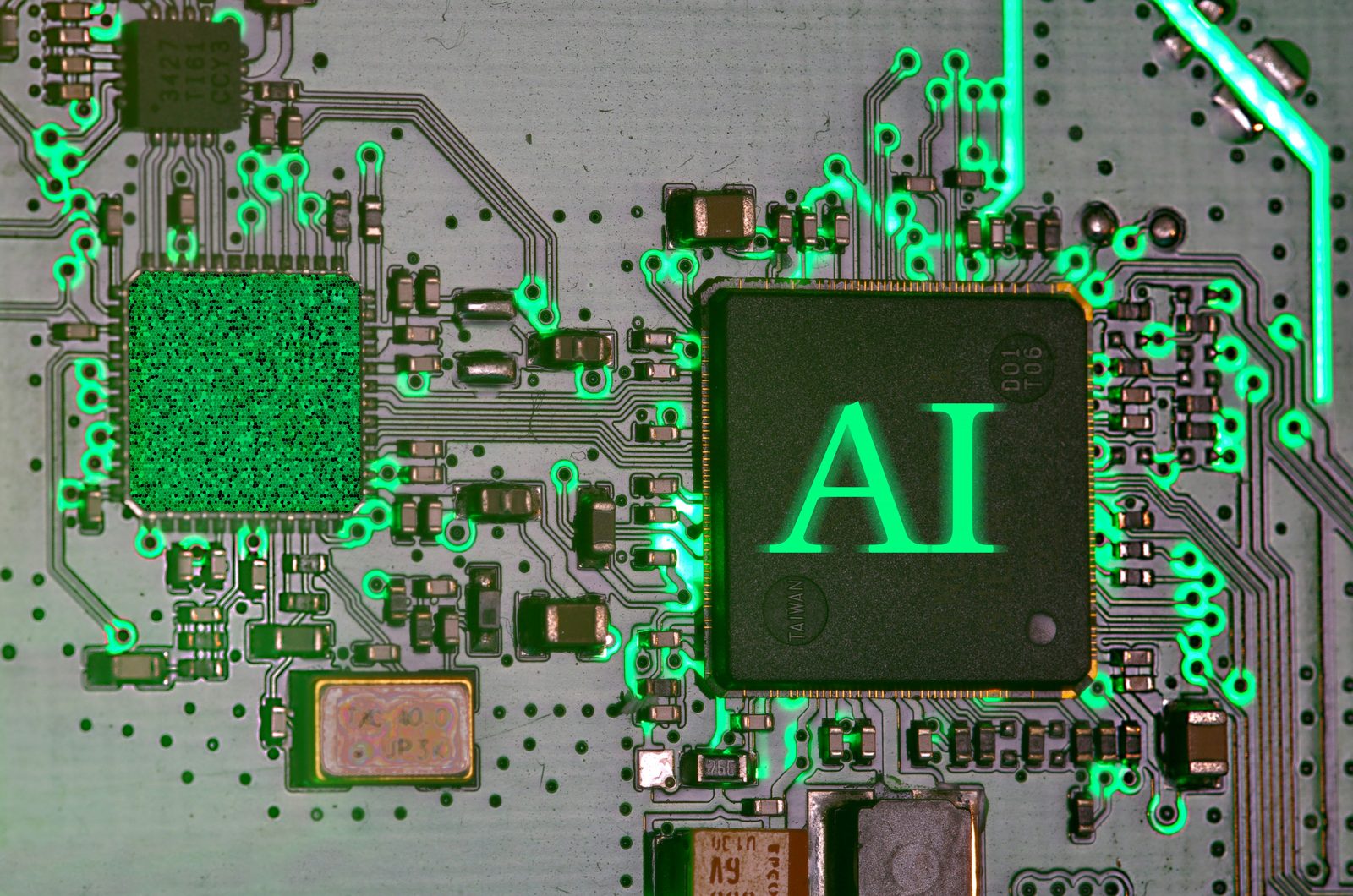 Circuit board with a glowing green AI processor chip