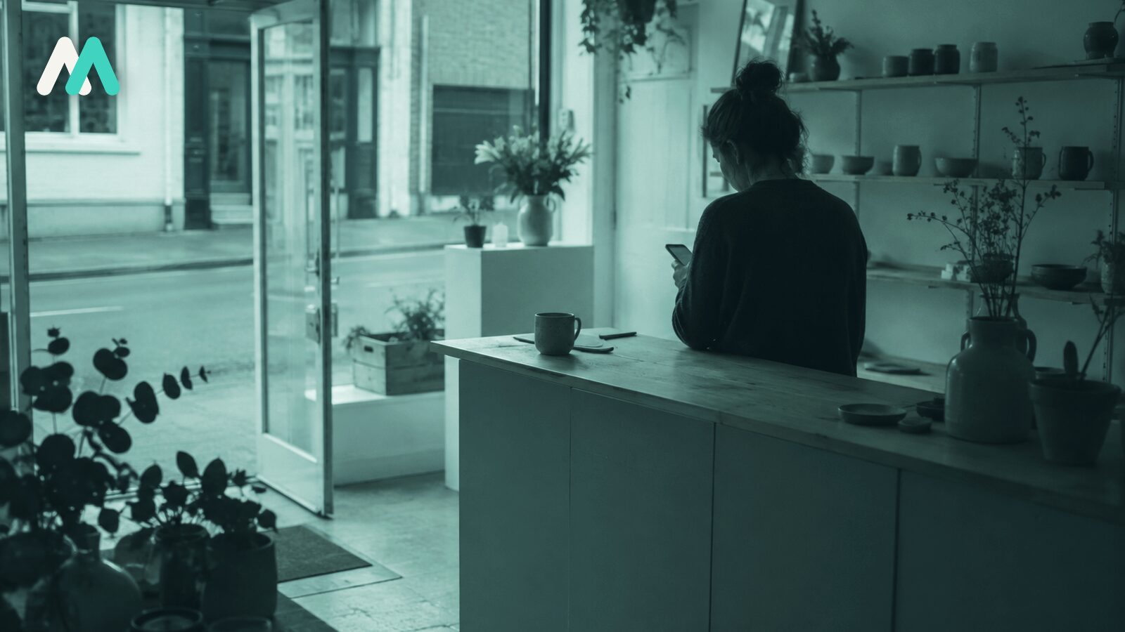 A shop owner alone behind the counter of a small new shop, checking her phone, the door open to an empty street.