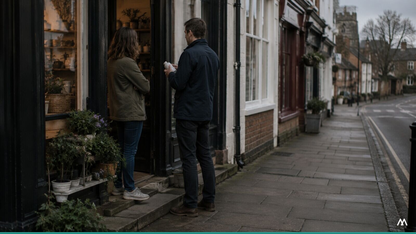 Two people talking in the doorway of a small shop on a village high street.