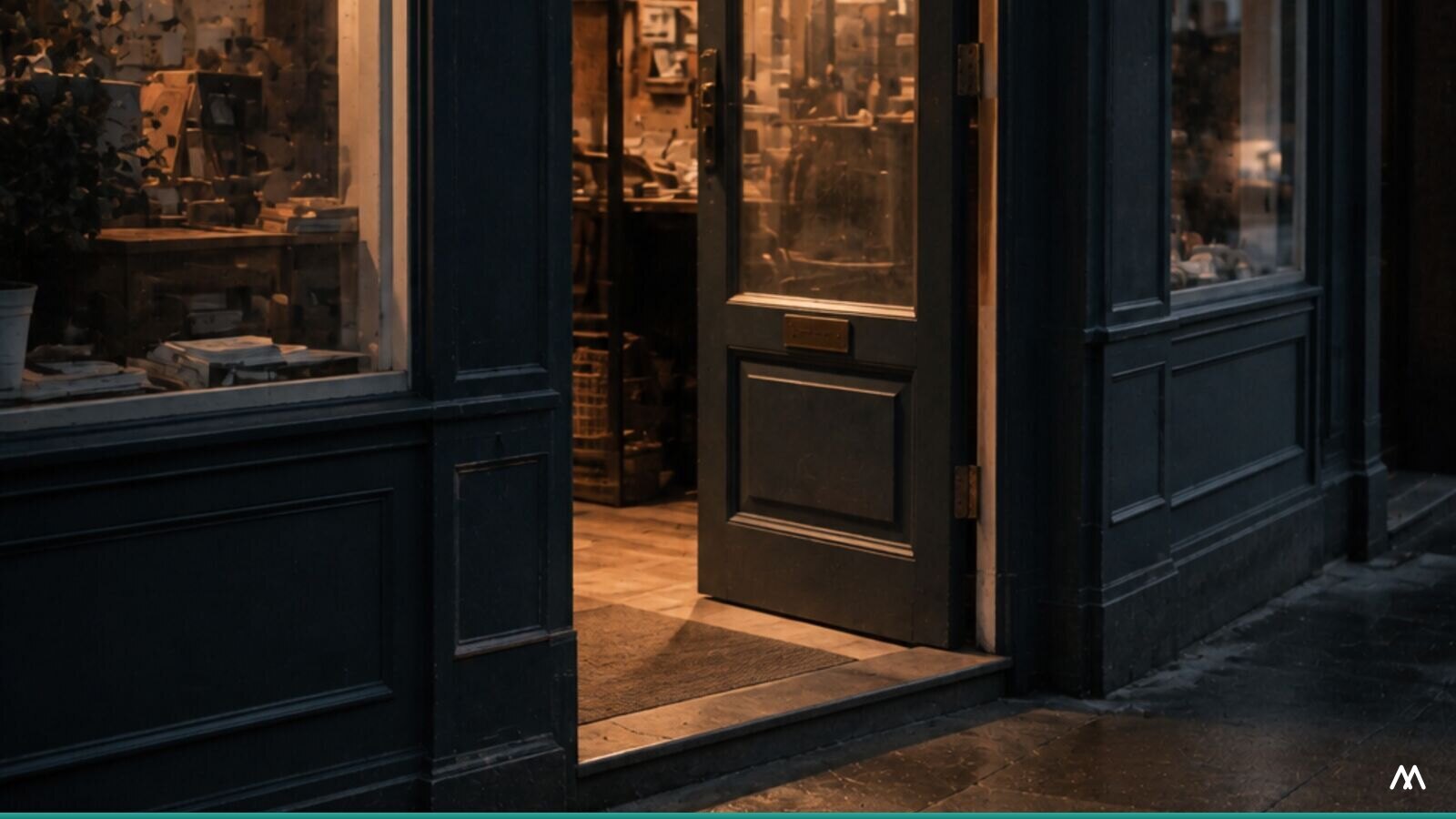 The lit doorway of a small shop at dusk, open to a wet and empty street.
