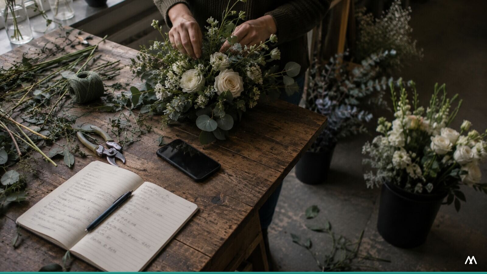 A florist arranging white flowers on a workbench, an open notebook and a phone beside her.