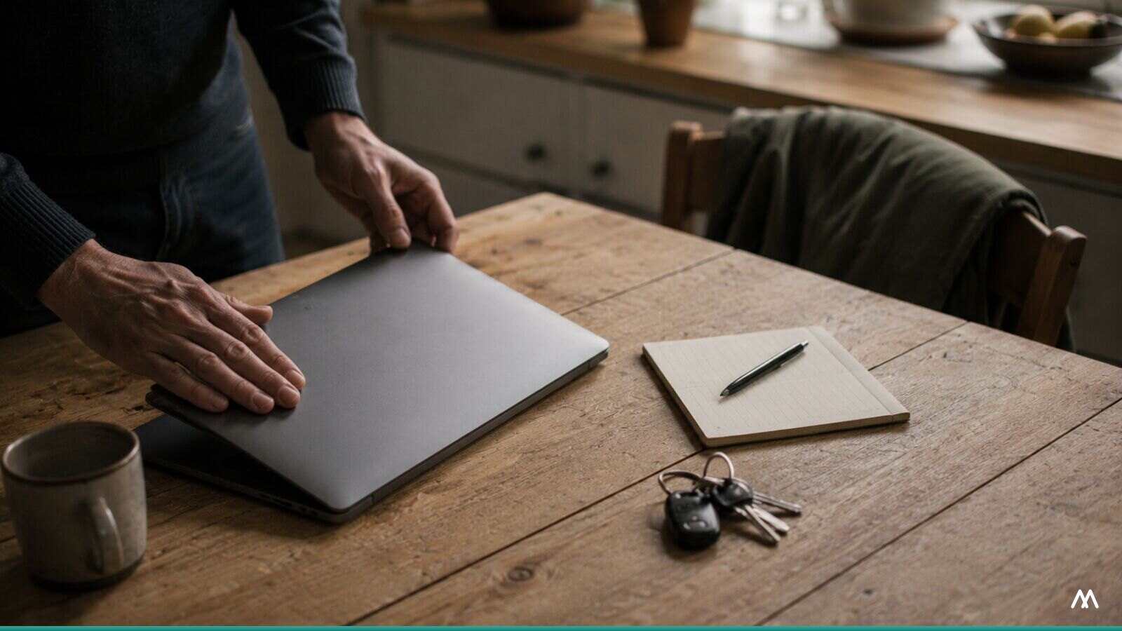 A laptop being closed on a kitchen table at the end of the day.