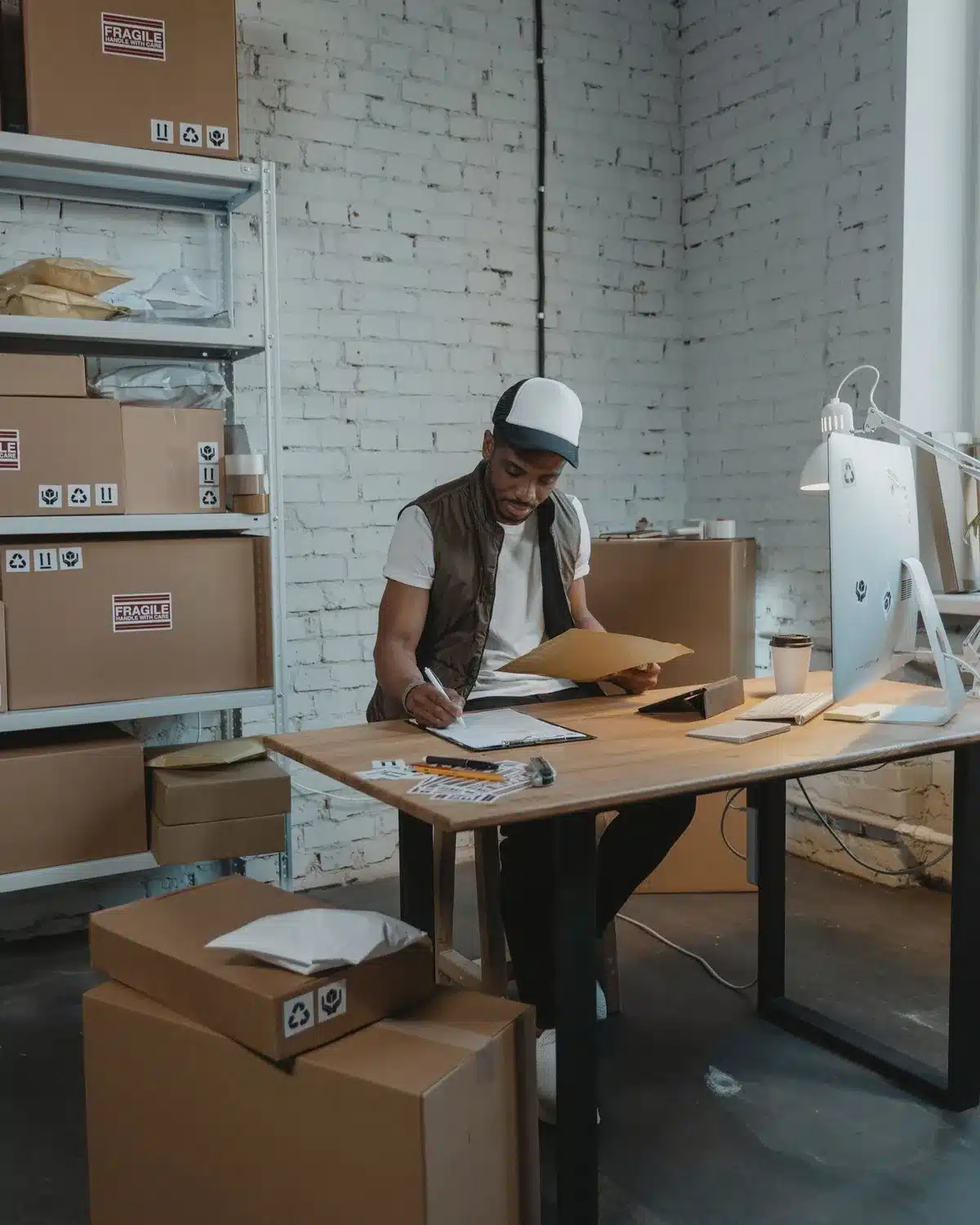 A small business owner writing up orders at a desk surrounded by boxes