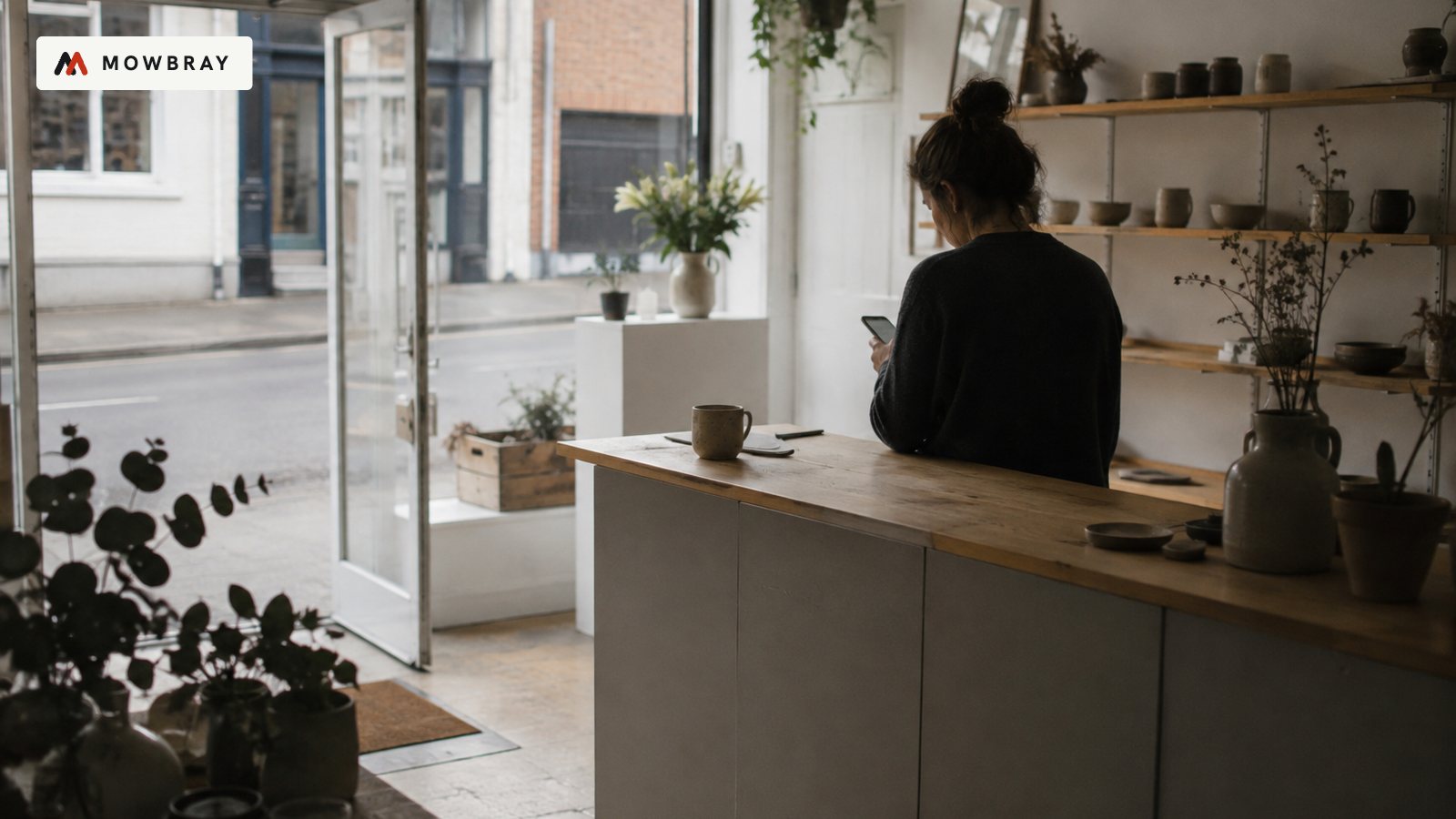 A shop owner standing at the counter of a bright, quiet shop