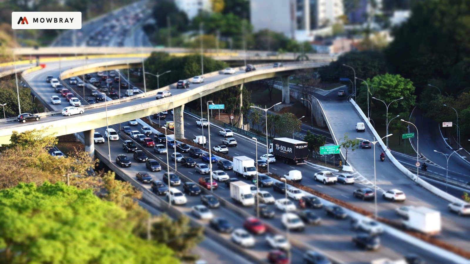 Traffic backed up across a city motorway interchange